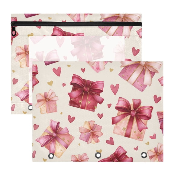 Gift Boxes with Bows Hearts Valentine 3-Ring Binder Pouches A4 Size Zipper Pocket File Storage 2 Packs