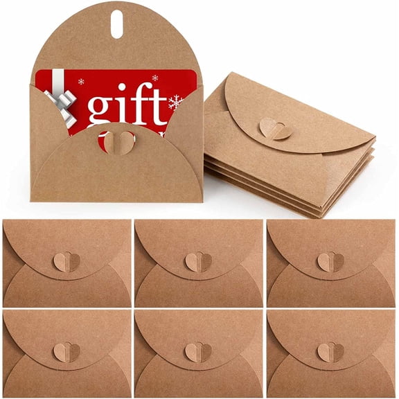 Gift Card Envelopes 50 Pack, 4.1x2.8 Inch Kraft Paper Mini Envelopes with Heart Clasp for Wedding Party Favors Greeting Cards