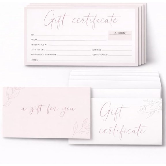Gift Certificates for Business - Set of 25 with Envelopes -Spa, Salon, Restaurants, Custom Client Vouchers Birthday, Work-Heavyweight Card Stock Light Pink