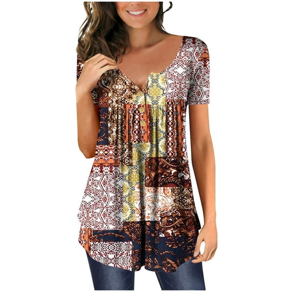 Gift for Christmas Ganfancp Women's Shirt Clearance, Short Sleeve V-Neck Shirts Buttons Floral Printed Tunic Tops, Sizes S-2XL # Prime Deals of the Day Today Only
