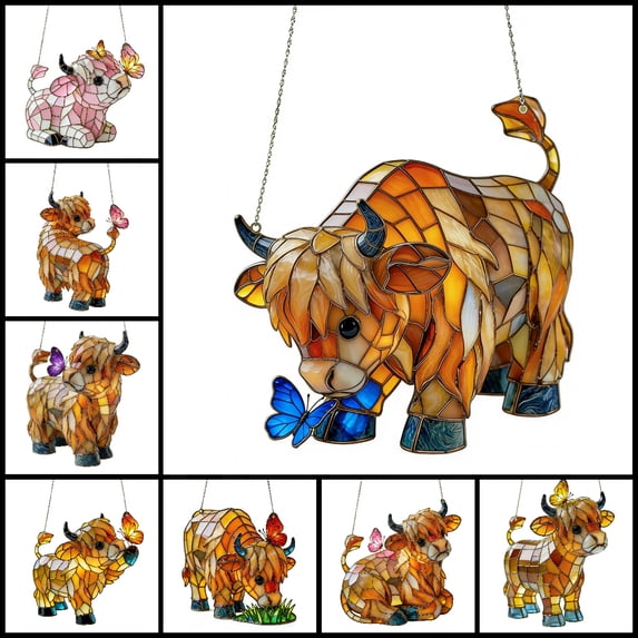 Gift Clearance! Cute Highland Cow Ornament, Farmhouse 2D Easter Suncatcher, Easter Ornaments for Tree, Easter Gift for Mom, Women, Friends, Family, Easter Home Office Decorations Indoor Outdoor