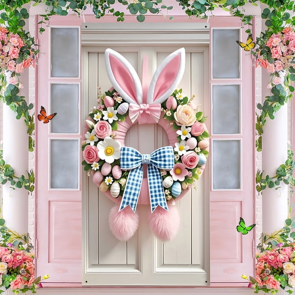 Under 5 Dollars! Easter Bunny Door Cover, Cute Shy Bunny and Bow Tie Wreath Themed Porch Sign, Front Door Wall Backdrop for Indoor Outdoor Spring Party Decorations and Photo Booth Props, Easter Gift