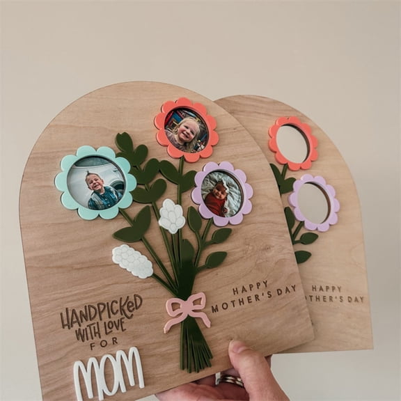 Gift Cute Wooden Bouquet with Photo Frame, Rustic Floral Arrangement for Mothers Day Decorations, Personalized Keepsake for Mom Grandma Wife, Home Table Centerpiece with Artificial Flowers