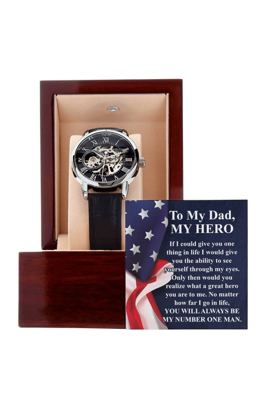 Gift for Dad, Fathers Day Gift from Daughter, Openwork Automatic Leather Strap Mens Watch Gift for Men, To My Dad Birthday Gift From Son - Men's Openwork Watch - Mahogany Gift Box