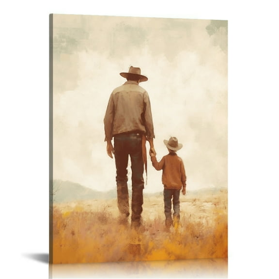 Gift for Dad Vintage Cowboy Father and Me Picture Canvas Wall Art Painting Framed ,Fathers Day Christmas Birthday Gift,Grandpa Gift Perfect for Home Decor, Bedroom Decoration