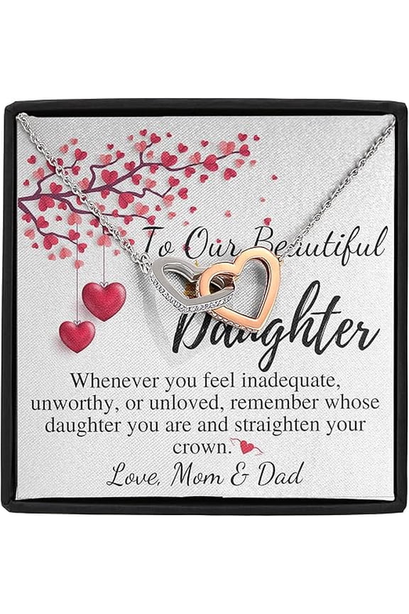 Gift For Daughter From Mom and Dad Interlocking Heart Necklace With Message Card To Our Young Teen Daughter Christmas Gift, Graduation, Birthday, Wedding Stainless Steel with Zircon Stones