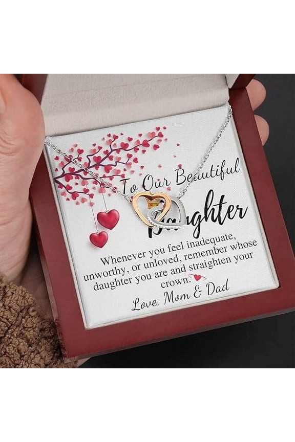 Gift For Daughter From Mom and Dad Interlocking Heart Necklace With Message Card To Our Young Teen Daughter Christmas Gift, Graduation, Birthday, Wedding Stainless Steel with Zircon Stones