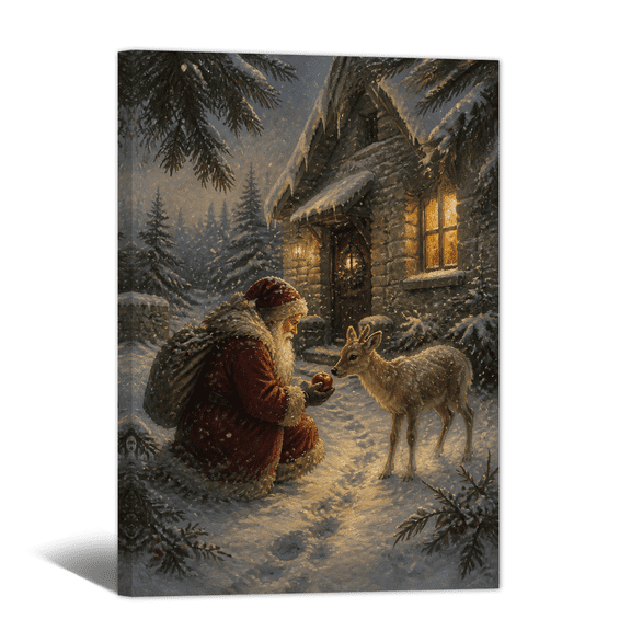Gift Delivering Santa Claus Canvas Wall Art Heartwarming Xmas Scene Prints, Sweet Lovely Artwork Paintings for Living Room Bedroom Home Wall Decor.