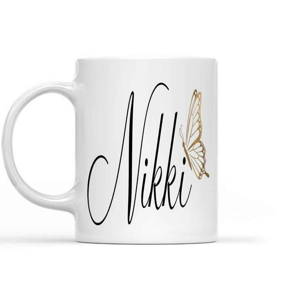 Gift Design Idea Maynard Ruiz Personalized Nikki Name Customized with Name Gold Butterfly Text Gift for Women, Her, Girl 290892 465906 11 Oz White Ceramic Coffee Mug 807764