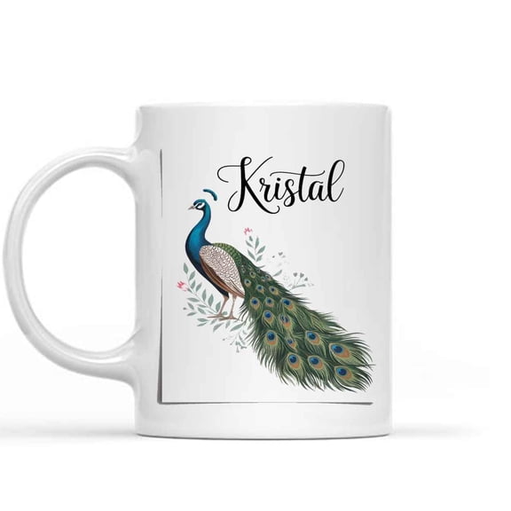 Gift Design Idea Peacock Personalized Name Kristal, Peacock Gifts for Women, Peacock Bird, Peacock Lover Gifts, Peacock Gift 680613 11 Oz White Ceramic Coffee Mug 177684