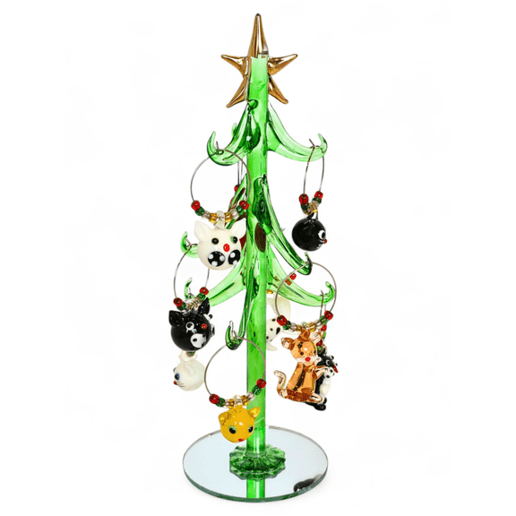 Gift Essentials Charming 8" Glass Wine Charm Tree with 9 Cat Charms and Mirrored Base - Whimsical Bar Decor & Gift Set