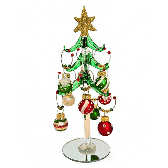 Gift Essentials Charming 8" Glass Wine Charm Tree with 9 Festive Ornament Charms - Holiday Bar Decor & Hostess Gift - Includes Gift Box