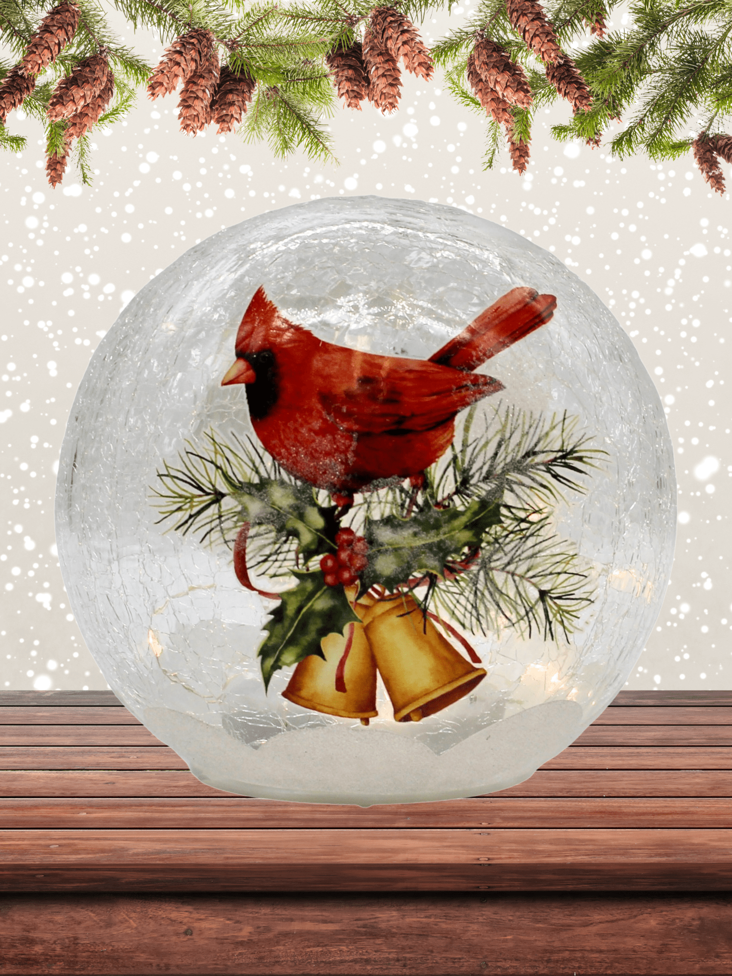 Cardinal with Bells LED Crackle Glass Globe Holiday Decor
