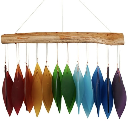 Blue Handworks Rainbow Glass Chime, Sandblasted Glass and Found Wood Handcrafted Wind Chime