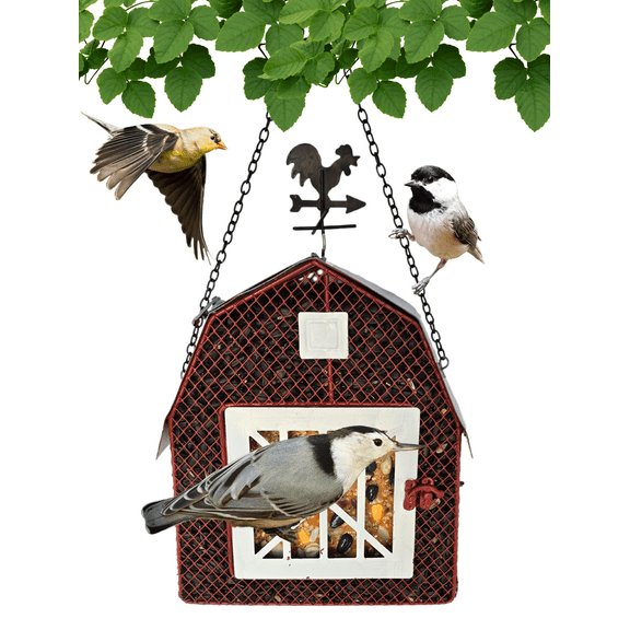 Gift Essentials Sunflower Seed and Suet Feeder, Metal Mesh Bird Feeder, Red Barn