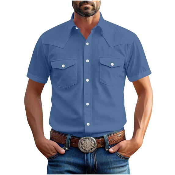 Gift for Father's Day Summer Fashion Plus Size Mens Shirts Trendy Clothes 2025 Vintage Solid Color Pocket Casual Short Sleeve Turndown Collar Up to 65% off!