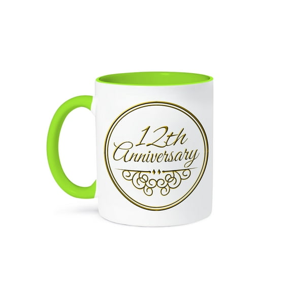 3dRose, Gift For 12th Anniversary - Gold Text For Celebrating Wedding Anniversaries 12 Twelve Years Together, 15oz Two-Tone Green Mug