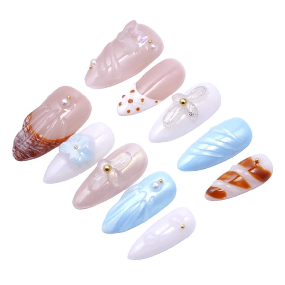 [Gift For Her] 10pcs Ocean-Inspired Press-On Nails – Seashell Texture, 3D Bow, Polka Dots & Candy Swirl
