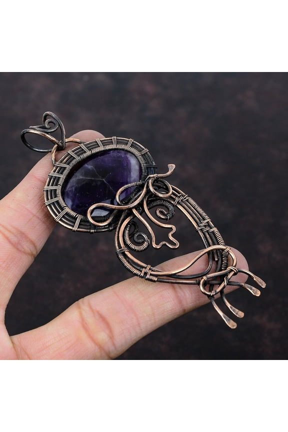 Gift For Her Chevron Amethyst Wire Wrapped Pendant Copper Jewelry 3.94"