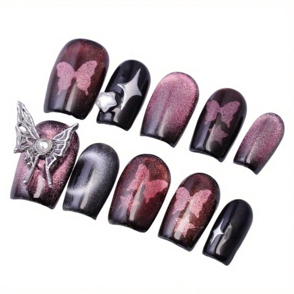 [Gift For Her] Chic Black And Red Press-On Nails – Butterfly Print With 3D Charm, Short Square Design