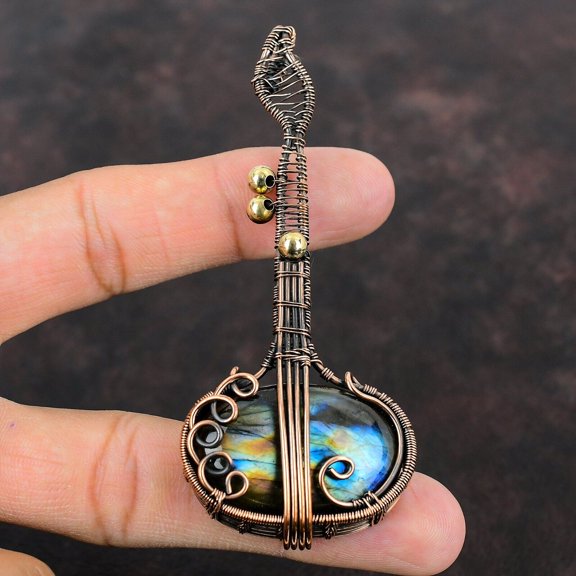 Labradorite Copper Pendant Wire Wrapped Guitar Pendant Gemstone Pendant Music Instrument Copper Jewelry Gift For Her Labradorite Pendant