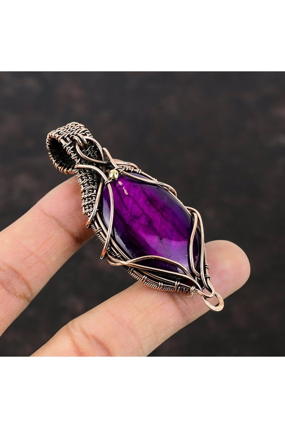 Gift For Her Copper Purple Fire Labradorite Jewelry Wire Wrapped Pendant 2.95"