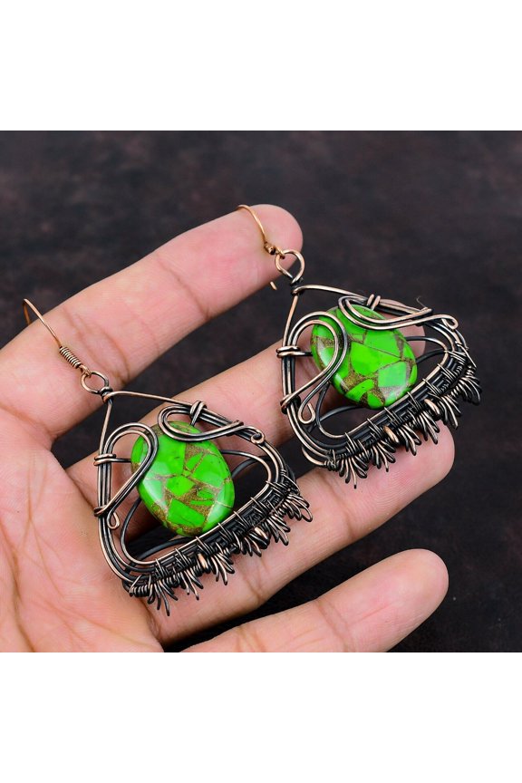 Copper Green Turquoise Earring Copper Wire Wrapped Earrings Gemstone Jewelry Handmade Latest Design Earring Gift For Her Copper Wire Jewelry