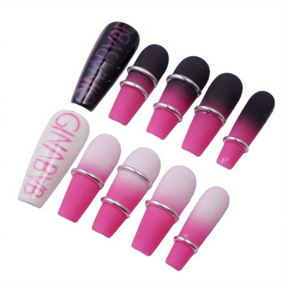 [Gift For Her] Long Ombre Press-On Nails – Pink With Silver Rings, Black Matte Tips, And Brand Letter Design
