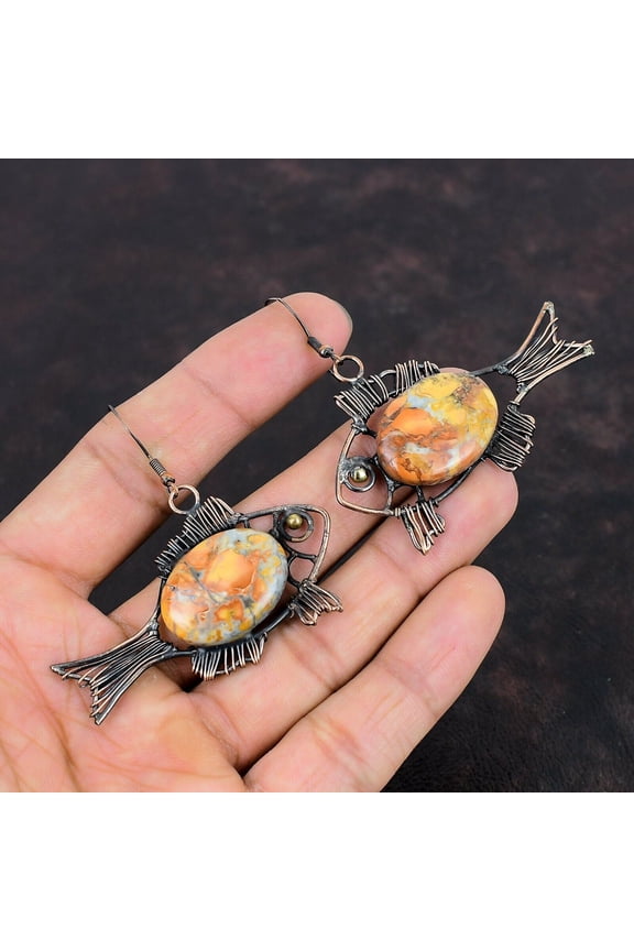 Maligano Jasper Earring Copper Wire Wrapped Gemstone Earrings Handmade Copper Jewelry Fish Design Earrings Gifts For Her Birthstone Jewelry