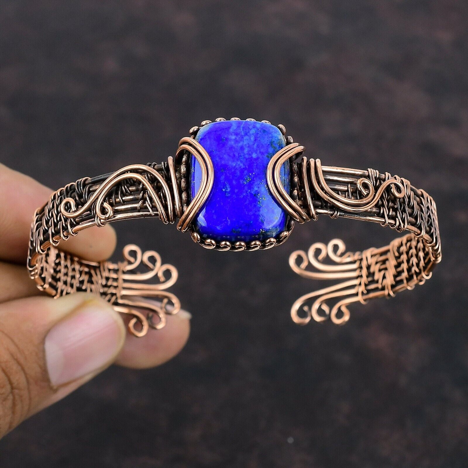 KALKA JEWELS Gift For Her Natural Lapis Lazuli Bangle Wire Wrapped Adjustable Unknown Copper