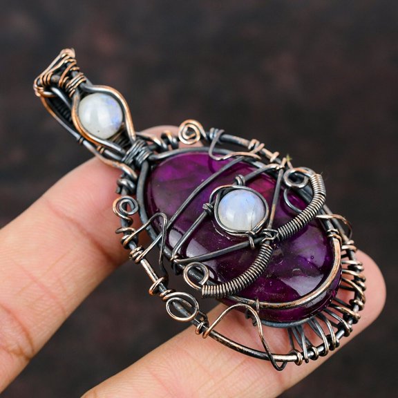 Evil Eye Pink Fire Labradorite Copper Pendant Copper Wire Wrapped Gemstone Pendant Copper Jewelry Gift Designer Moonstone Pendant For Women