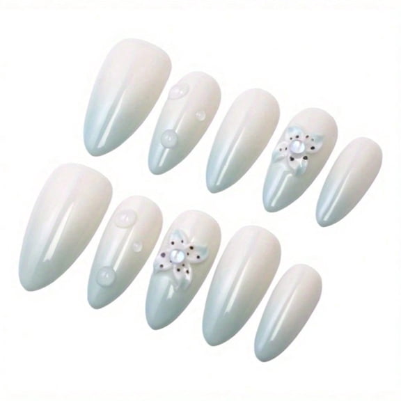 [Gift For Her] Reusable Blue Gradient Nails – 3D Flower And Water Drop Design, Glossy Long Almond Tips