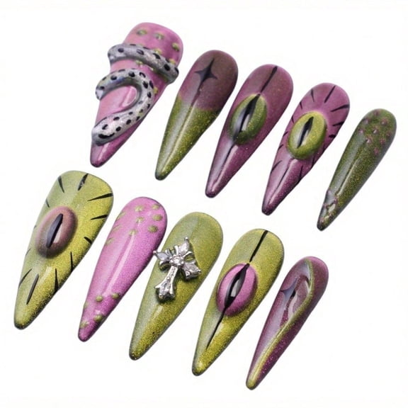 [Gift For Her] Reusable Gothic Press-On Nails – Snake Eye, Gothic Snake Design, And Cross Charm For Punk Style