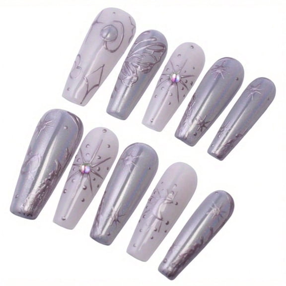[Gift For Her] Reusable Press-On Nails  Holographic Star Design With Butterfly And Moon In Long Coffin Shape