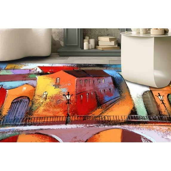 Gift For Her Rugs, Abstract City Rug, Outdoor Rug, Landscape Rug, Colorful City Painting Rugs, Large Rug, City View Rugs, Small Rug, 1.7'x2.3' - 50x70 cm