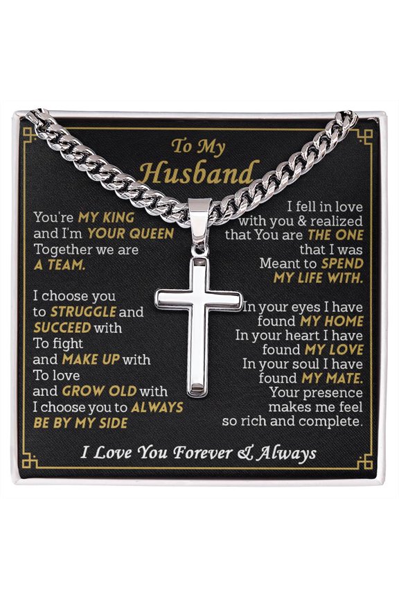 Gift For Husband - King And Queen - Cuban Link Chain with Artisan Cross