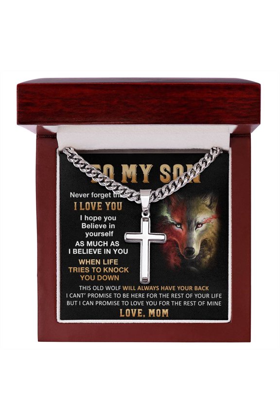 Gift For Son - Old Wolf - Cuban Link Chain with Artisan Cross