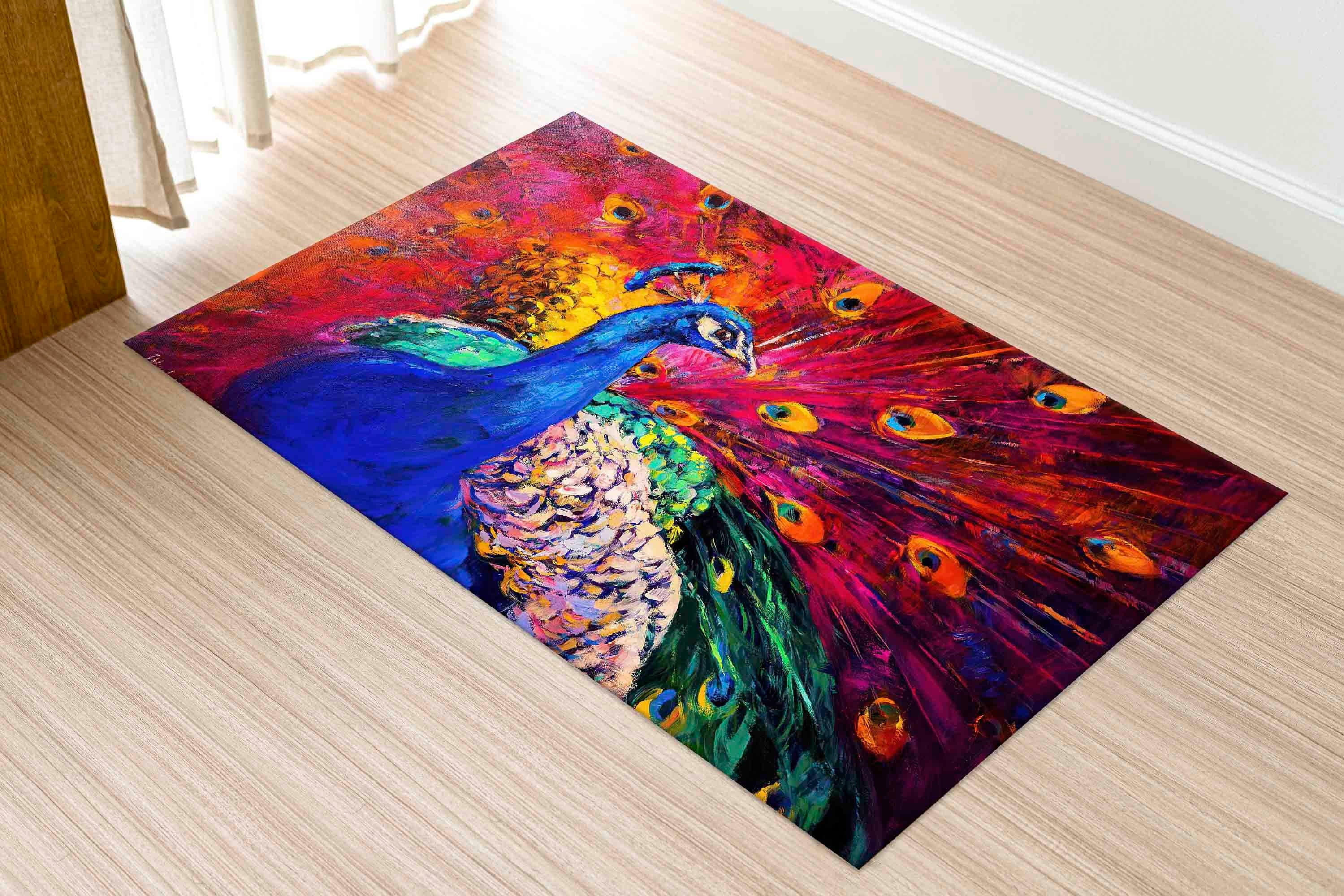 Gift For The Home Rug, Accent Rug, Multicolored Peacock Rug, Peacock ...