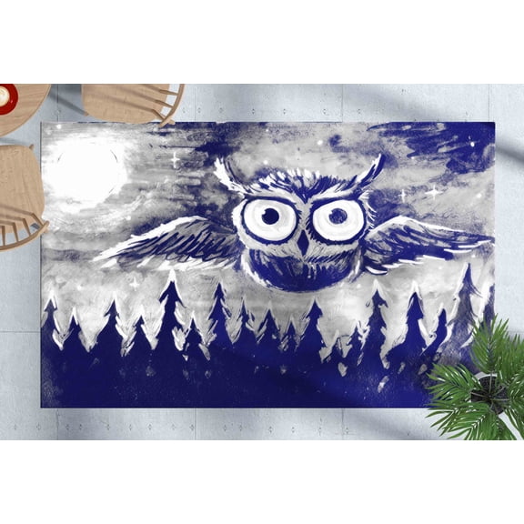 Gift For The Home Rug, Navy Blue Rug, Full Moon Rug, Animal Rugs, Navy Blue Owl Painting Rug, Hallway Rug, Anti-Slip Carpet Rug, Loft Rug, 2.3'x3.3' - 70x110 cm
