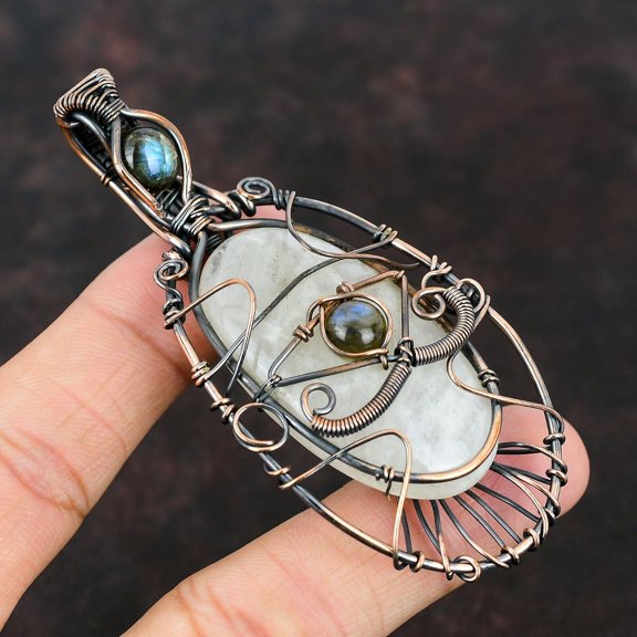 Gift For Women Wire Wrapped Evil Eye Pendant Copper Rainbow Moonstone 2.95"