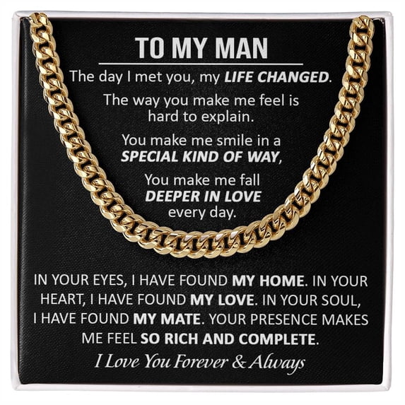 Gift For Your Man - The Way Complete, Cuban Link Chain, Stainless Steel or Yellow Gold, Message Card & Gift Box