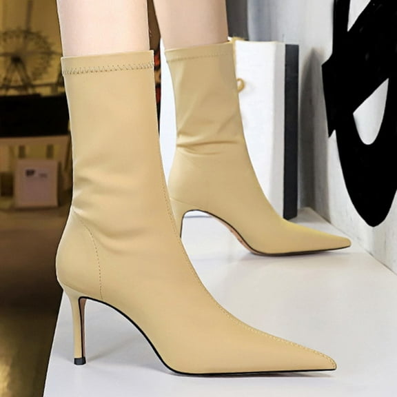 Gift for Girls Knee High Boots for Women Women's Fashionable Casual Versatile Slim Heel High Heel Elastic Lycra Women's Boots Sexy And Pointed Short Boots Beige 37
