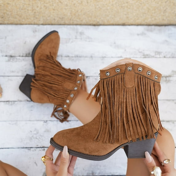 Gift for Girls Women's Elastic Chelsea Boots Women's Casual Versatile Cool Eye-Catching Tassel Metal Decoration Fall And Winter Style Comfortable High-End Thick Heel Short Boots Brown 43