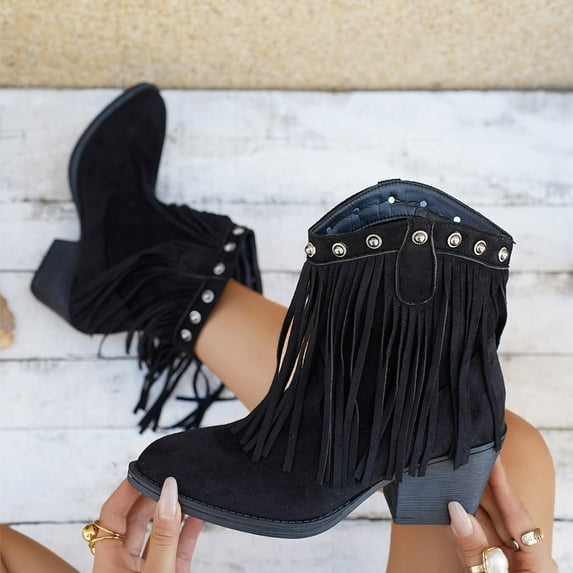 Gift for Girls Women's Elastic Chelsea Boots Women's Casual Versatile Cool Eye-Catching Tassel Metal Decoration Fall And Winter Style Comfortable High-End Thick Heel Short Boots Black 41