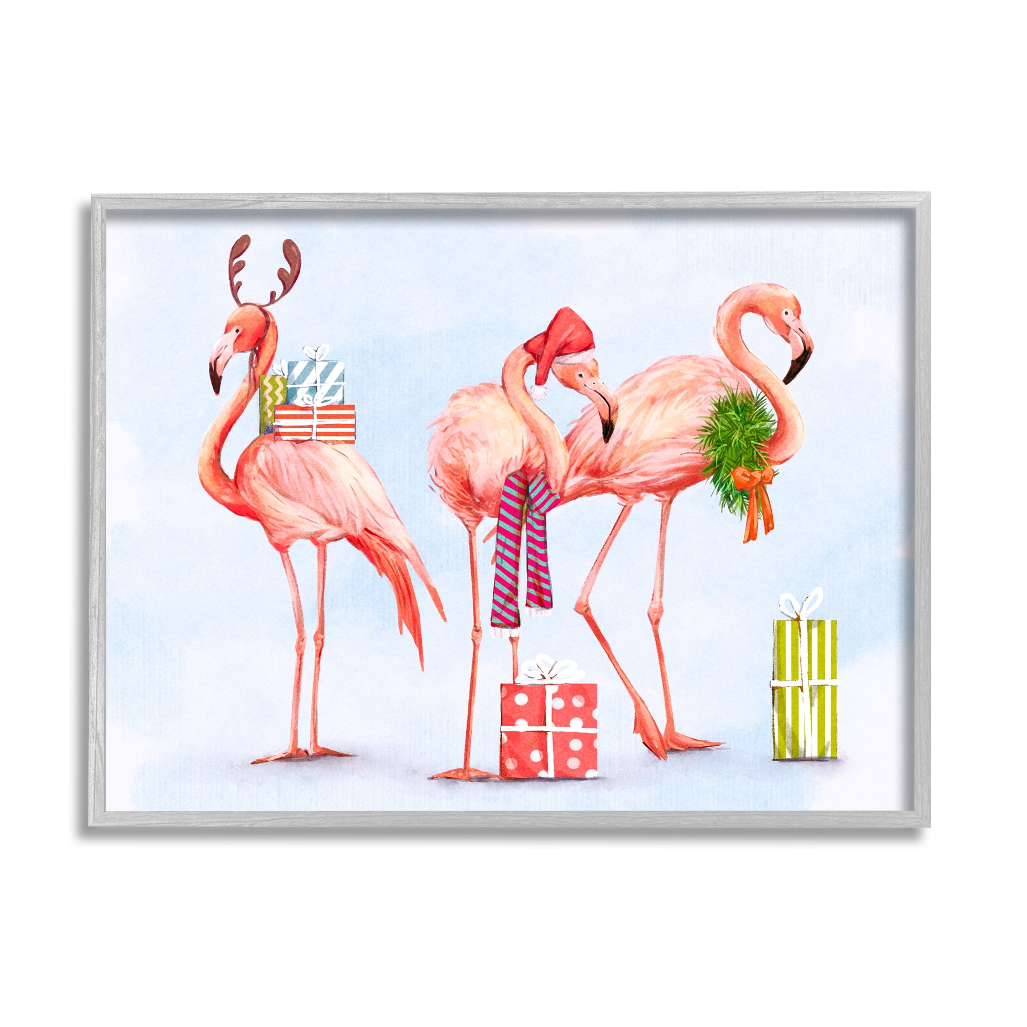 Gift Giving Pink Flamingos Charming Holiday Birds Coastal Painting Framed Art Print Wall Art