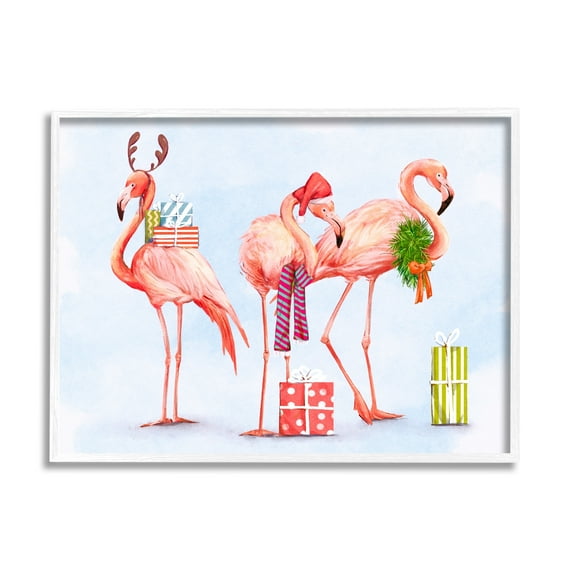 Gift Giving Pink Flamingos Charming Holiday Birds Coastal Painting Framed Art Print Wall Art