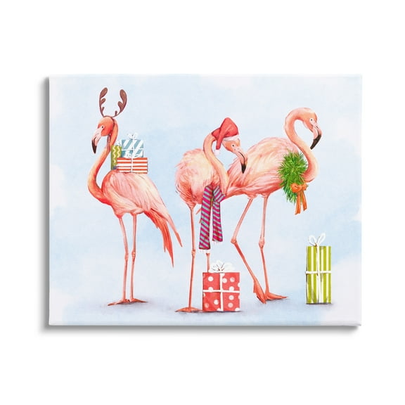 Gift Giving Pink Flamingos Charming Holiday Birds Coastal Painting Gallery-Wrapped Canvas Print Wall Art