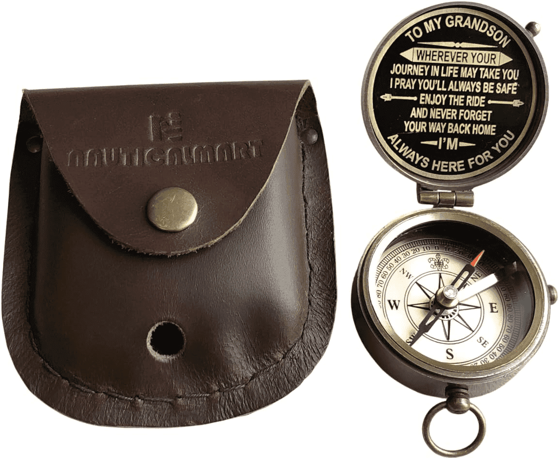 Gift for Grandson Brass Compass Engraved Quote | Memory Present to My Grandson Birthday, Baptism, Graduation, Confirmation, Love, Gift idea by Grandpa Grandma (Grandson - Always Here for You)