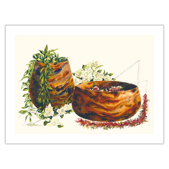 Gift From The Heart - Hawaiian Leis and Koa Wood Bowls - From an Original Hawaii Watercolor Painting by Peggy Chun - Bamboo Fine Art 290gsm Paper Print (Unframed) 18x24in