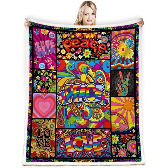 Gift for Hippie Style Peace Love Flower Throw Blanket with 70s Peace Sign Retro Hippy Stoner Groovy Design, Soft Cozy Fleece Plush Reversible Blanket for Couch, Bed, Sofa 50x60 inch